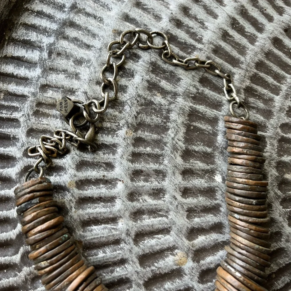 SOLD Pam Hiran BronzeCopper Disc Necklace on Steel Chain 16-20” Vintage - Picture 5 of 7
